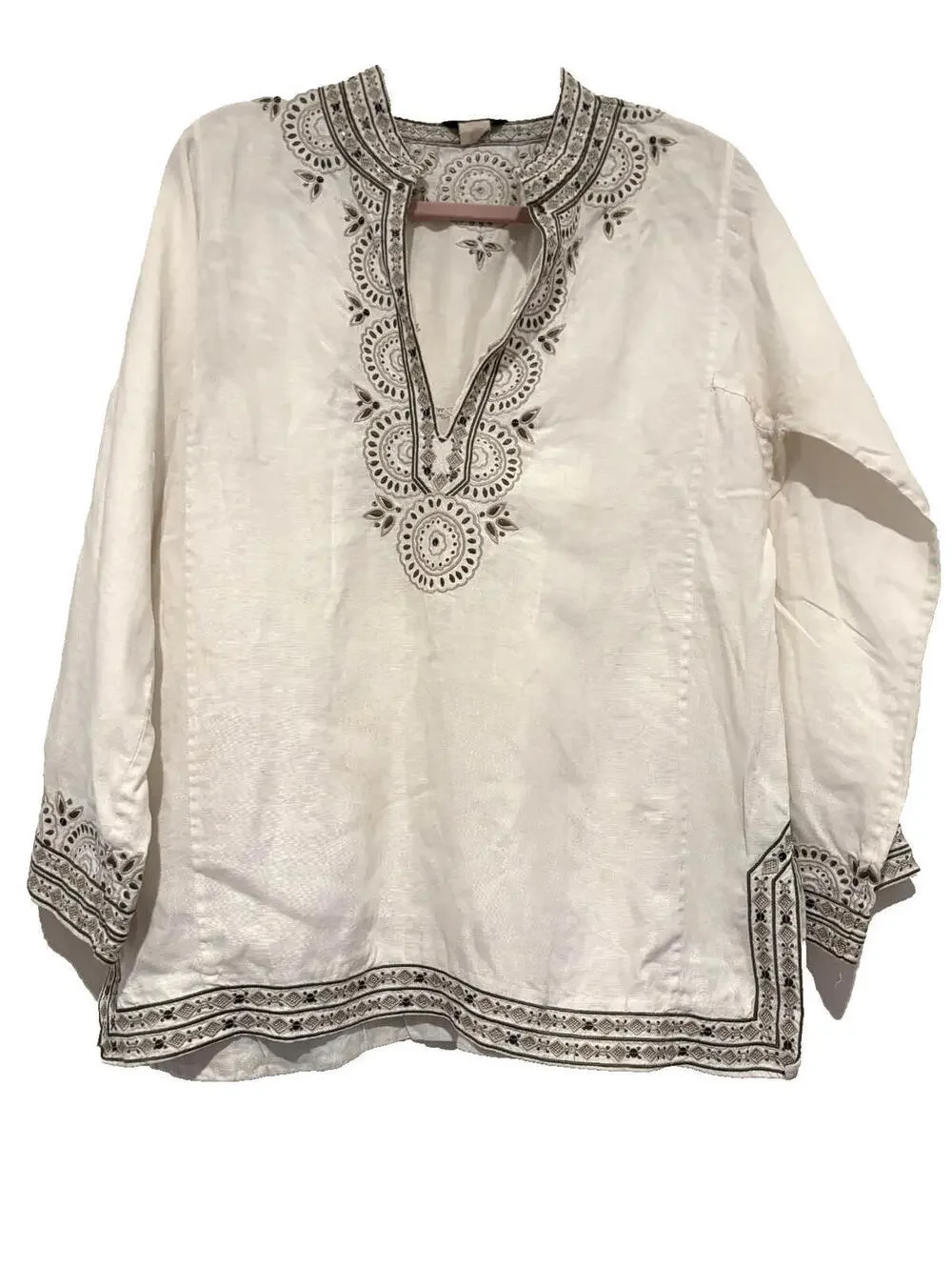 J Crew sz L white and‎ silver embellished linen V neck tunic shirt #3373